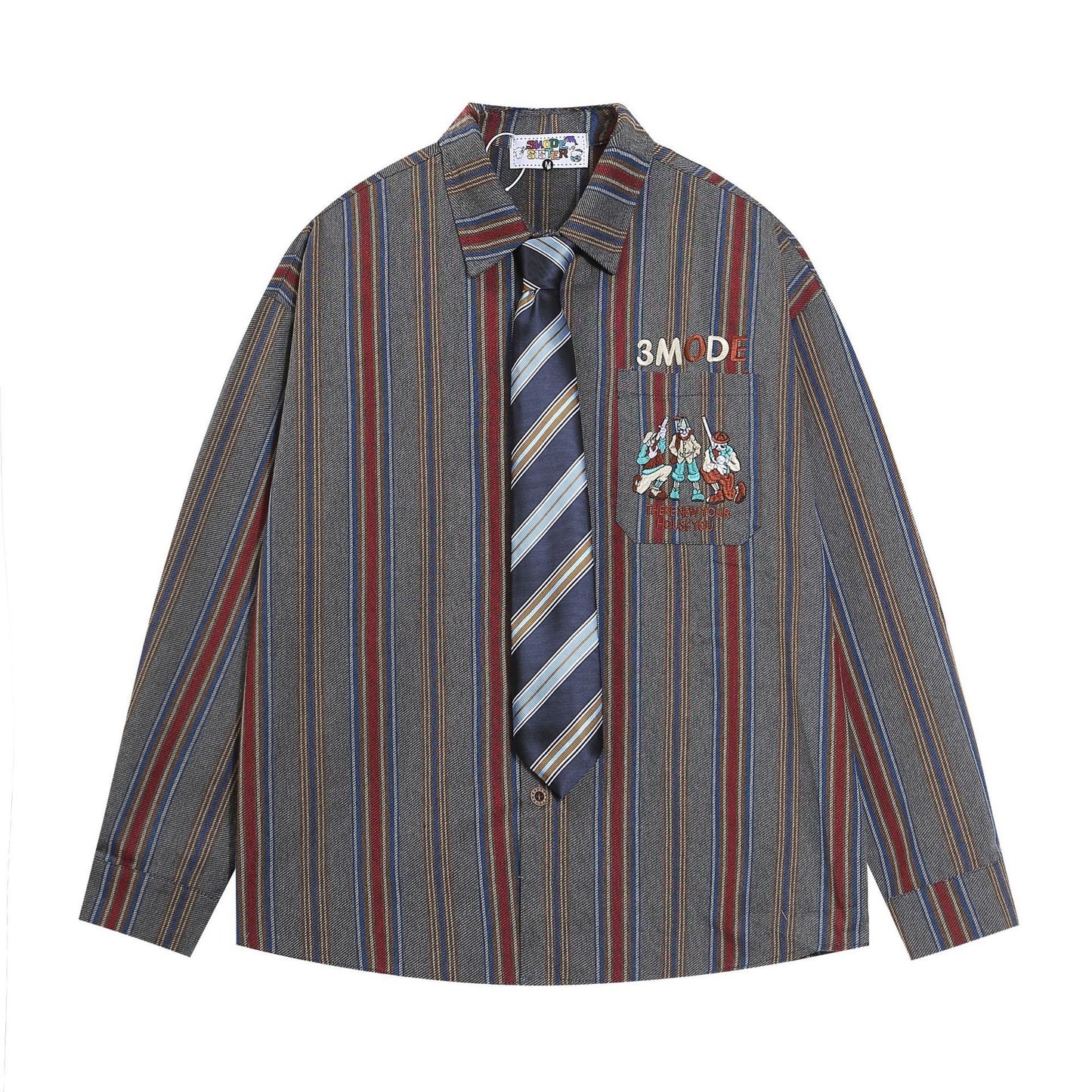 Figure Embroidered Vertical Stripes Shirt  Red M  - VONVEX