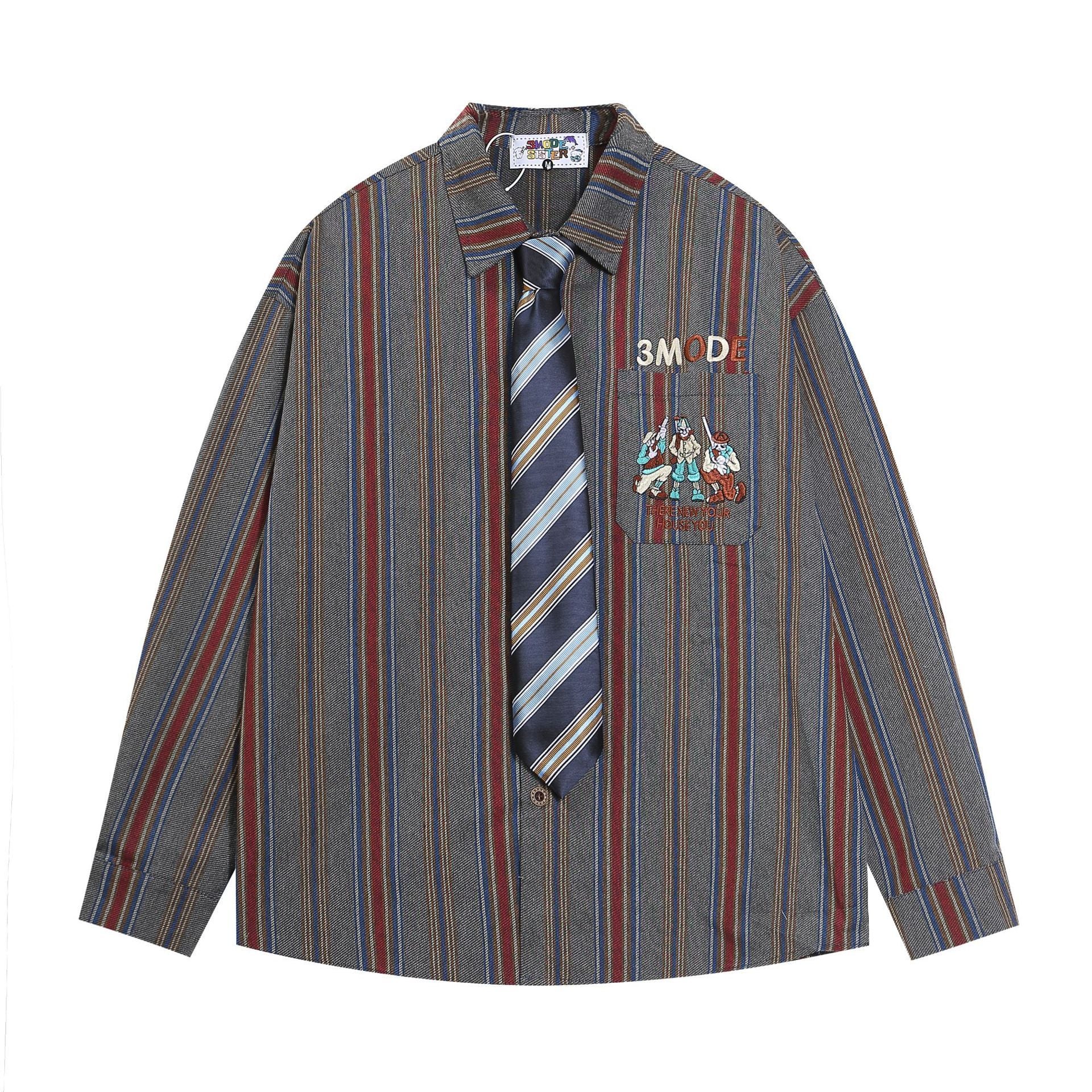 Figure Embroidered Vertical Stripes Shirt  Red M  - VONVEX