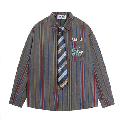 Figure Embroidered Vertical Stripes Shirt  Red M  - VONVEX