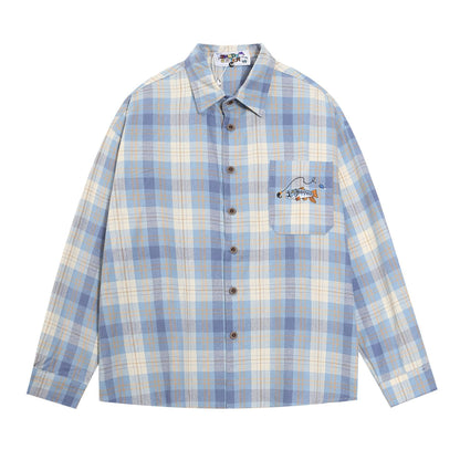 Retro Fishing Plaid Embroidered Shirt  Blue M  - VONVEX