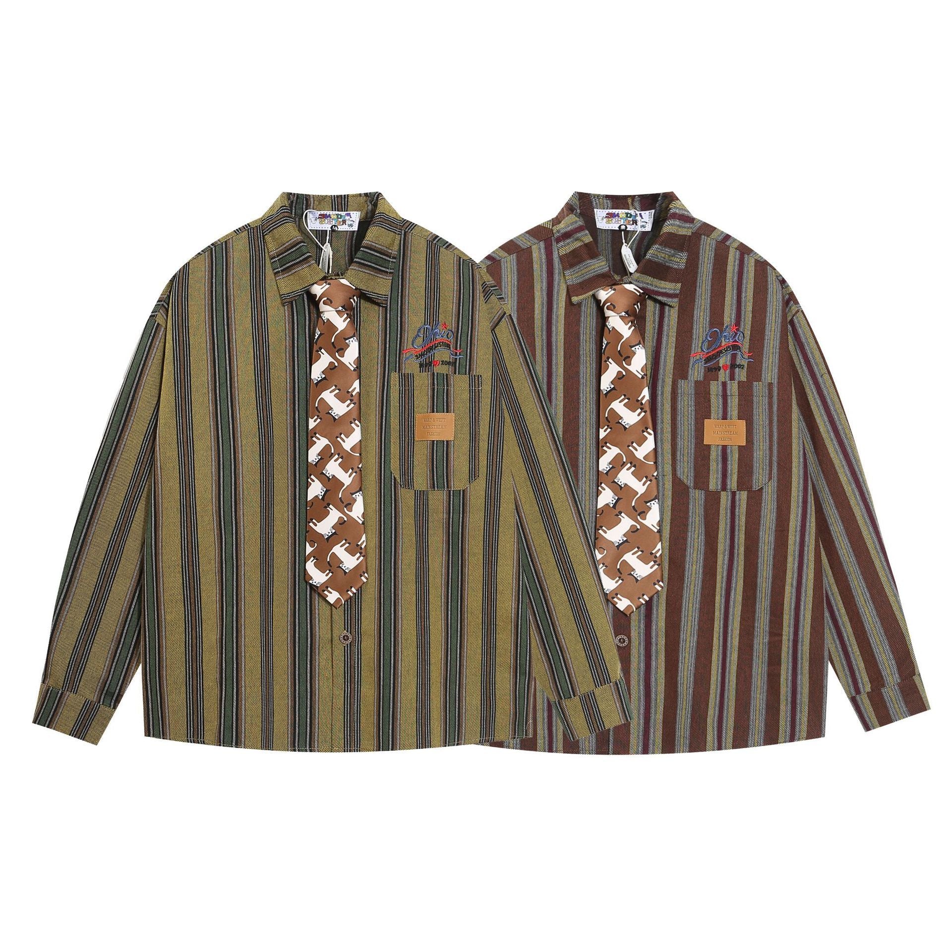 Vintage Retro Stripe Tie Shirt     - VONVEX