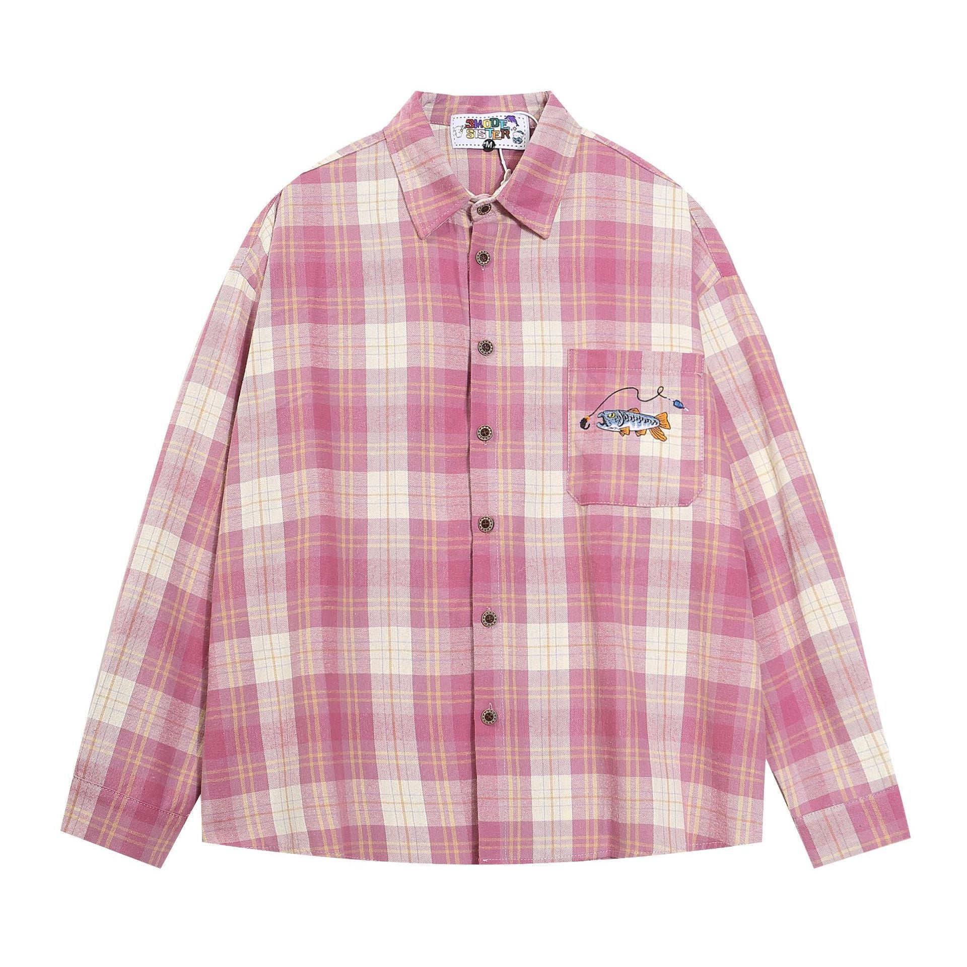 Retro Fishing Plaid Embroidered Shirt  Pink M  - VONVEX