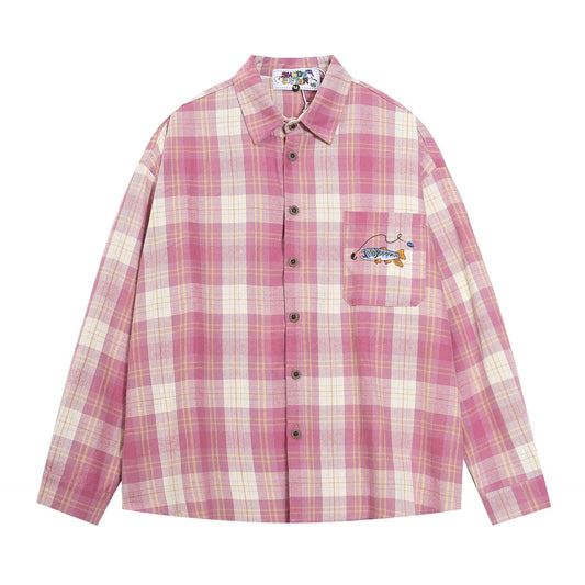 Retro Fishing Plaid Embroidered Shirt  Pink M  - VONVEX