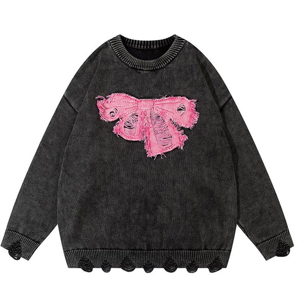 Y2K Ribbon Knitted Pullover  DarkGrey M  - VONVEX