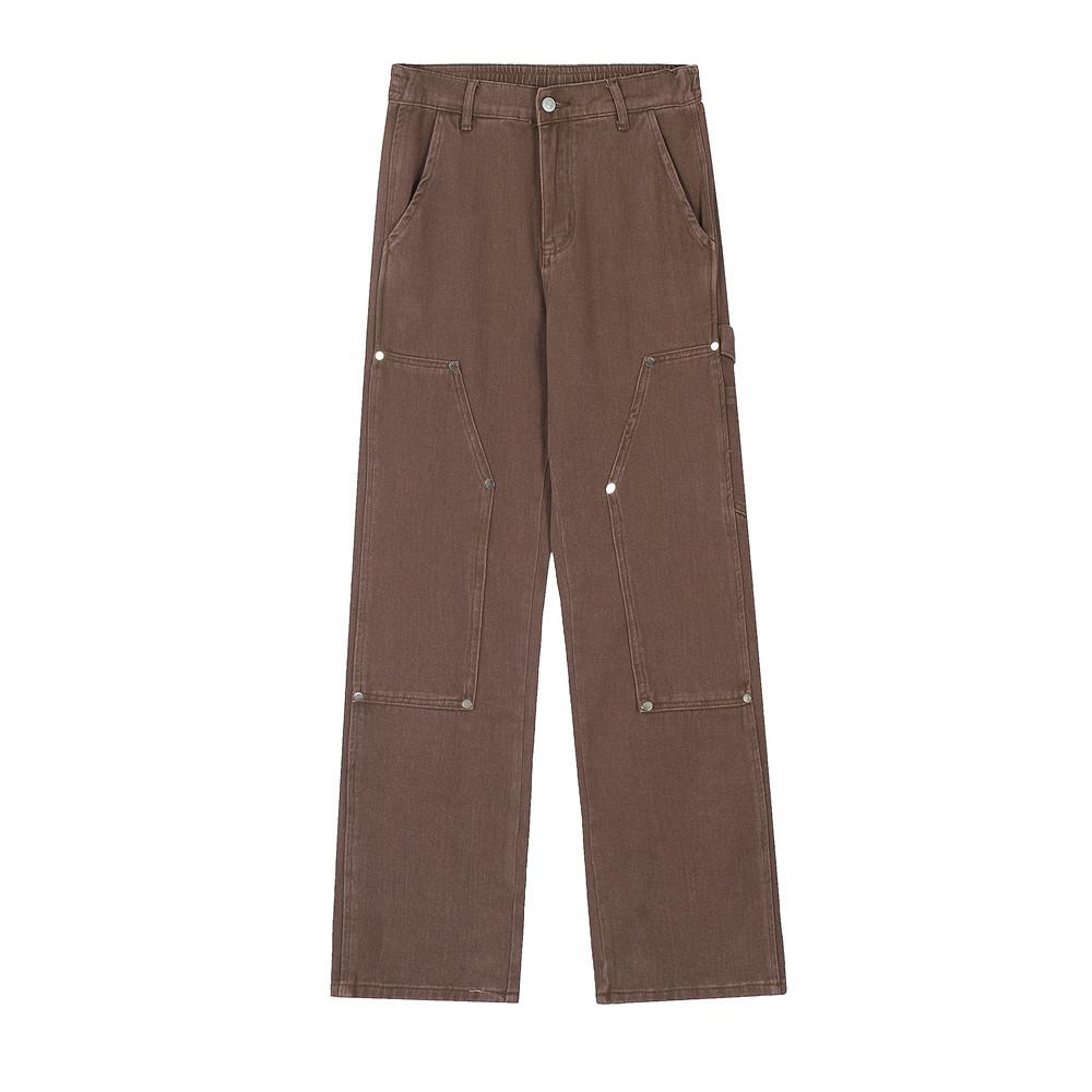 Buttons Cotton Basic Pants  Brown S  - VONVEX