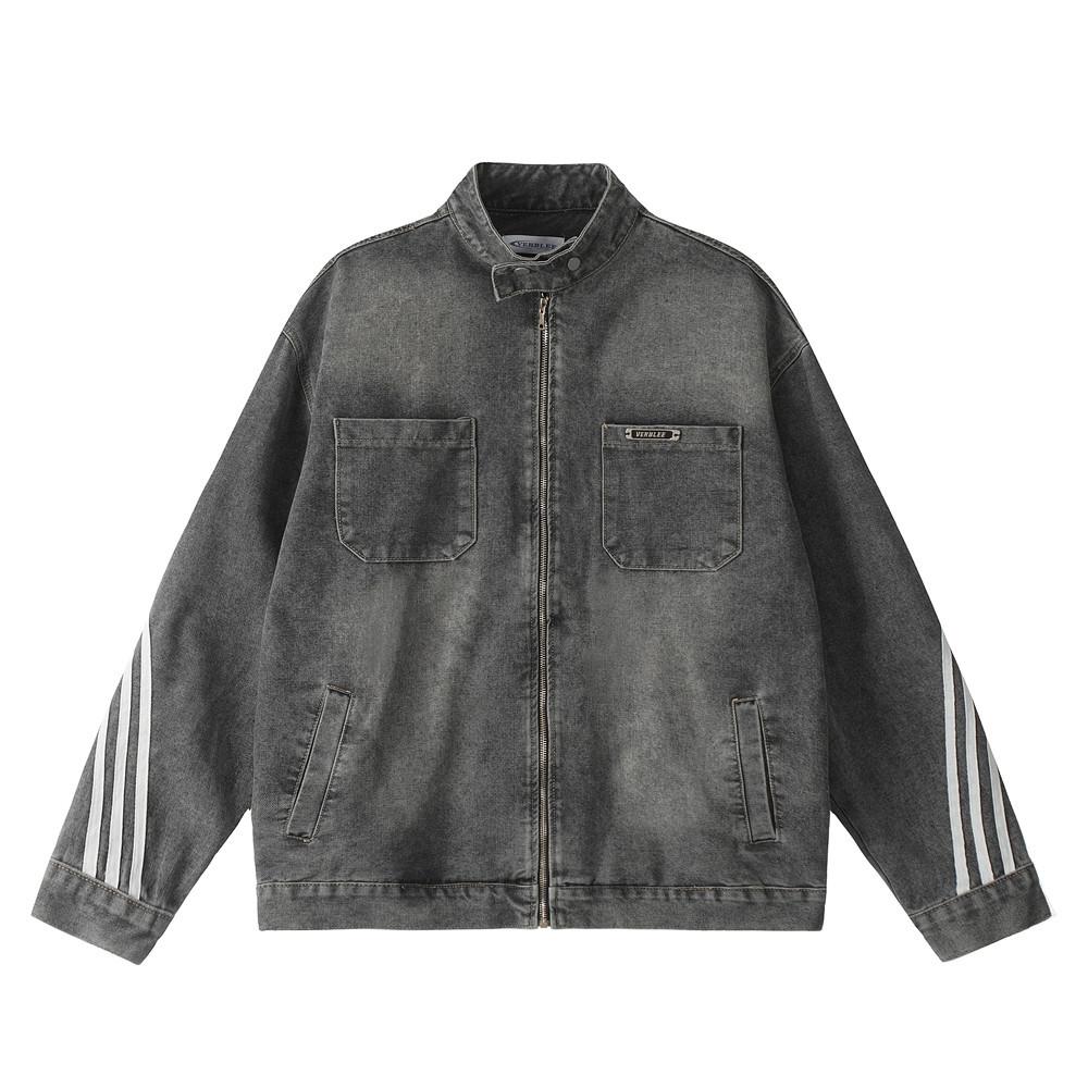 Three Bar Stitching Denim Jacket  Black M  - VONVEX