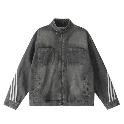 Three Bar Stitching Denim Jacket  Black M  - VONVEX