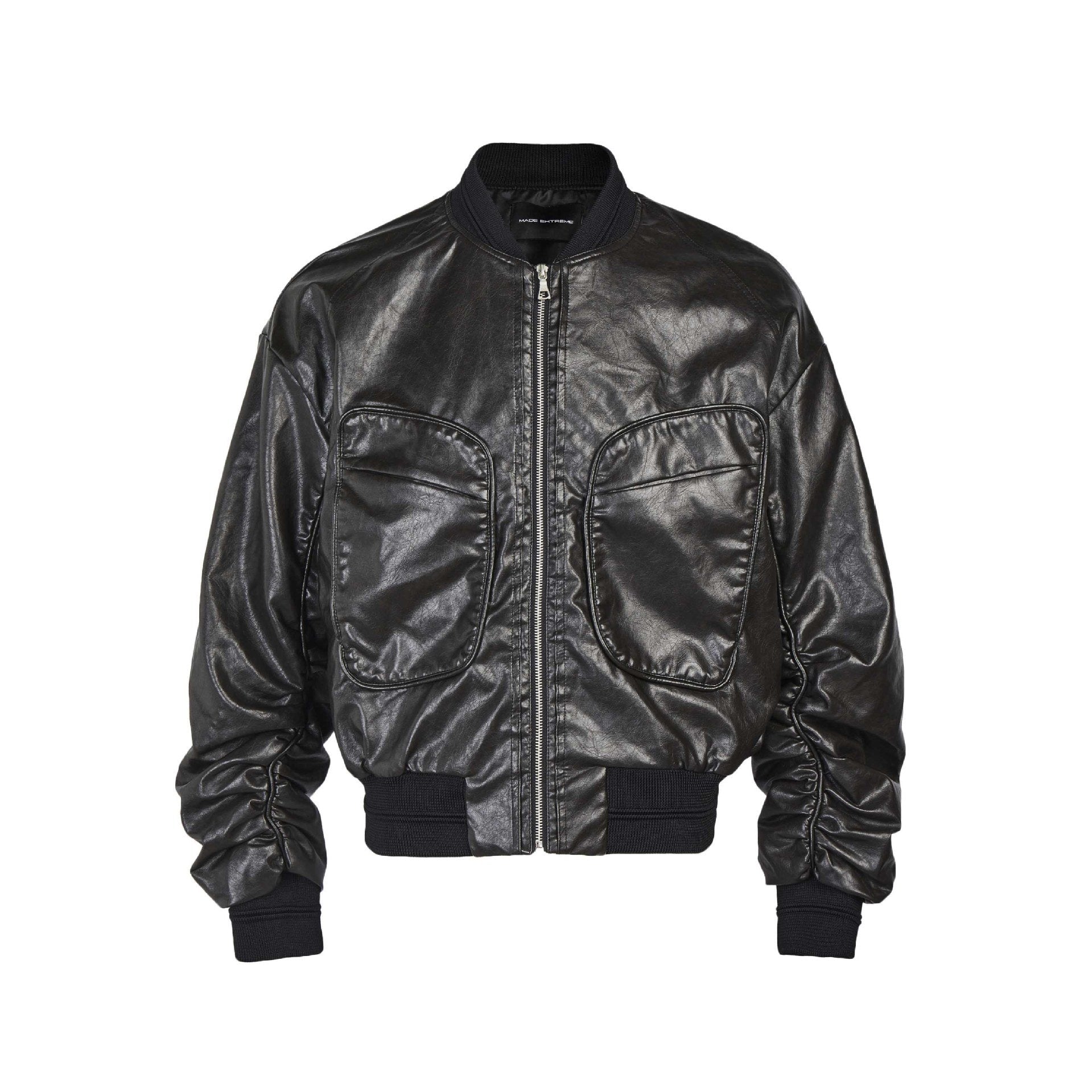 Large Pockted Winter Leather Jacket  Black M  - VONVEX