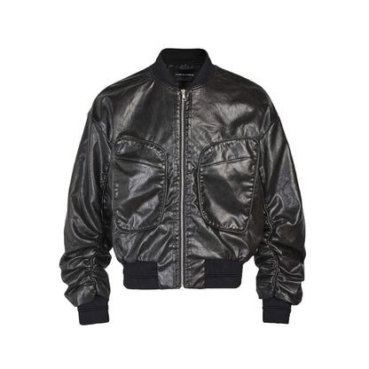 Large Pockted Winter Leather Jacket  Black M  - VONVEX