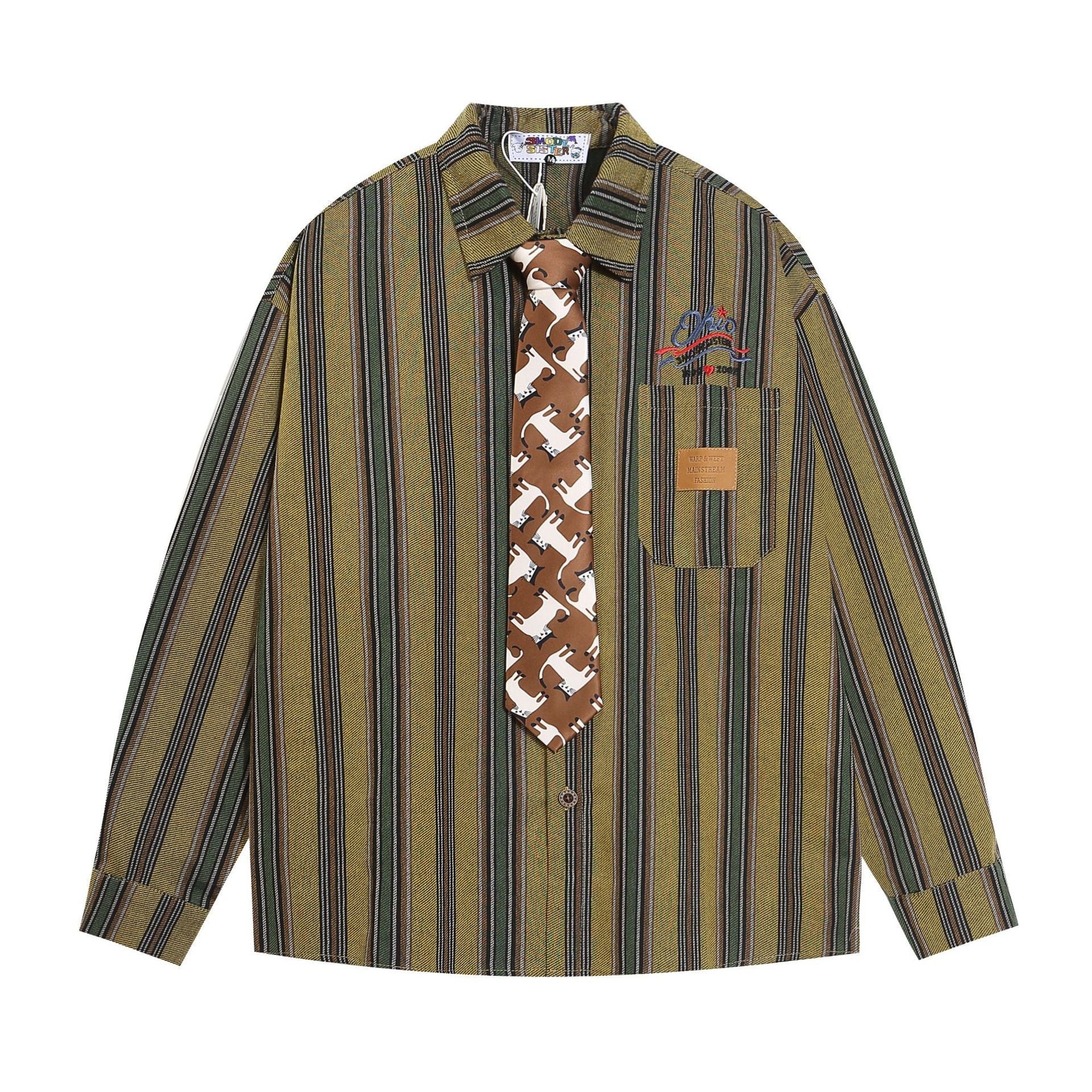 Vintage Retro Stripe Tie Shirt  Brown M  - VONVEX
