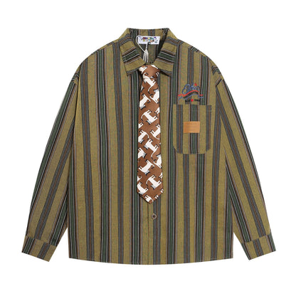 Vintage Retro Stripe Tie Shirt  Brown M  - VONVEX
