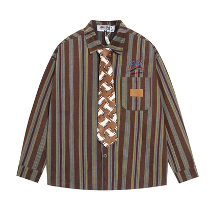 Vintage Retro Stripe Tie Shirt  Red M  - VONVEX
