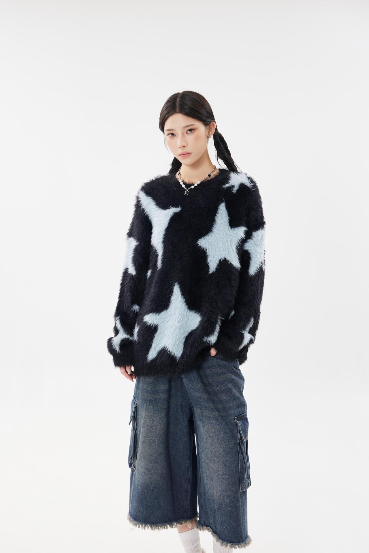 Fur Stars Knitted Sweater     - VONVEX
