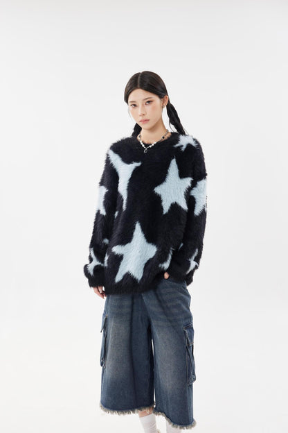 Fur Stars Knitted Sweater     - VONVEX