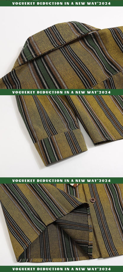 Vintage Retro Stripe Tie Shirt     - VONVEX