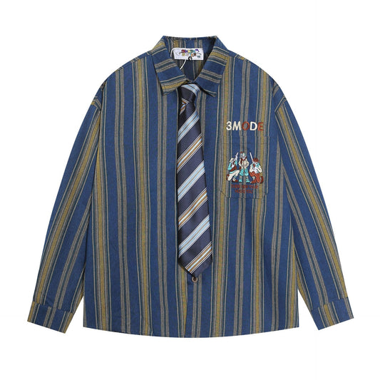 Figure Embroidered Vertical Stripes Shirt  Blue M  - VONVEX
