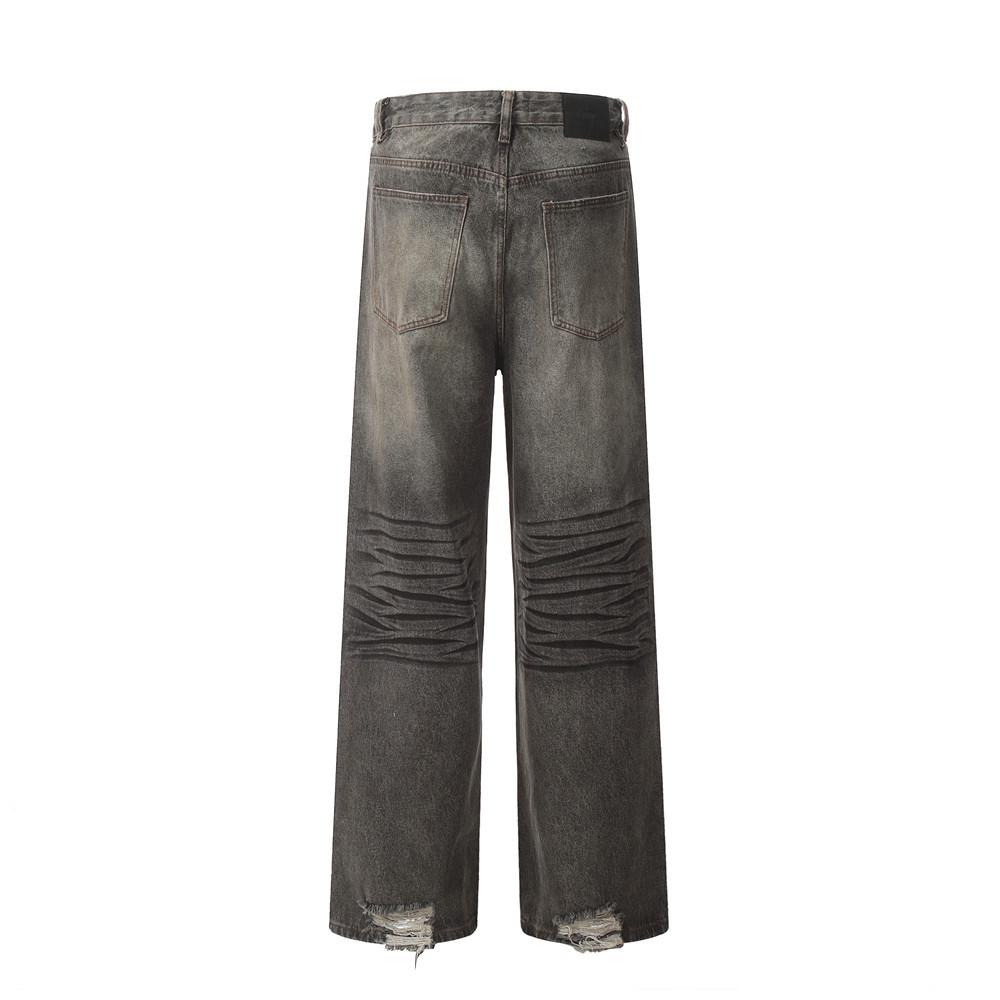 Distressed Wrinkled Ripped Jeans     - VONVEX