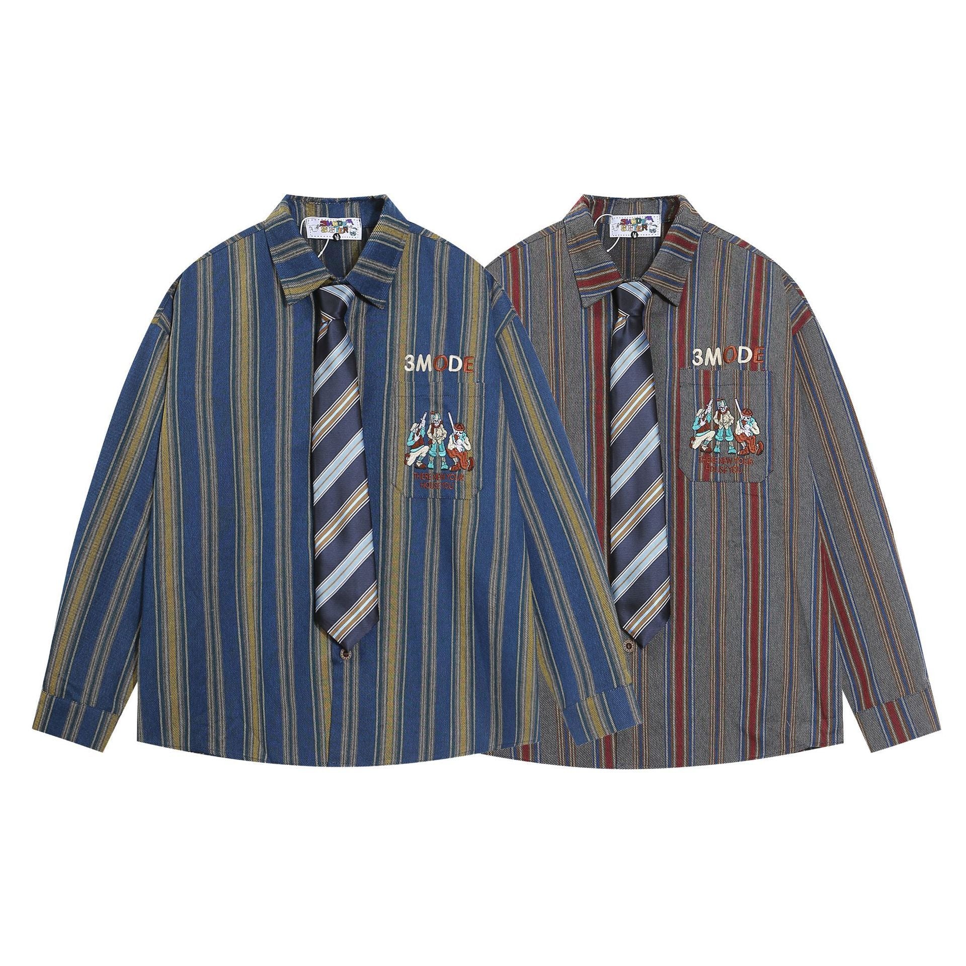 Figure Embroidered Vertical Stripes Shirt     - VONVEX