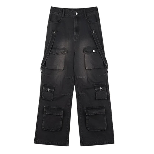 Multi Pocket Wide Leg Jeans     - VONVEX