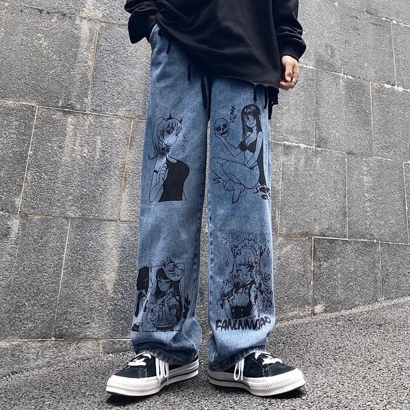 Oversized Anime Printed Denim Jeans     - VONVEX