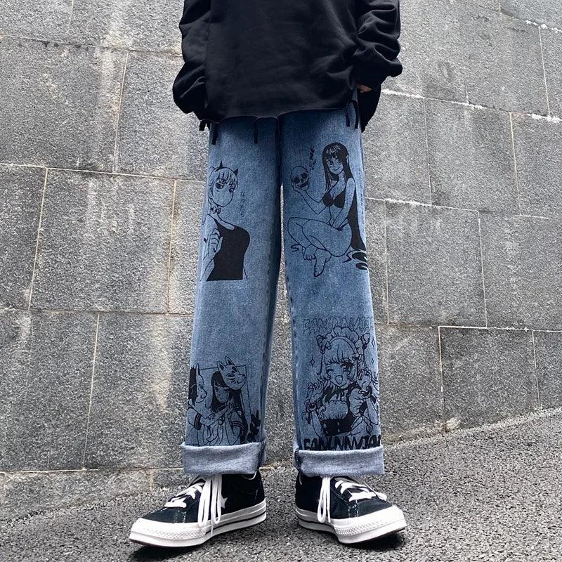 Oversized Anime Printed Denim Jeans  Blue M  - VONVEX