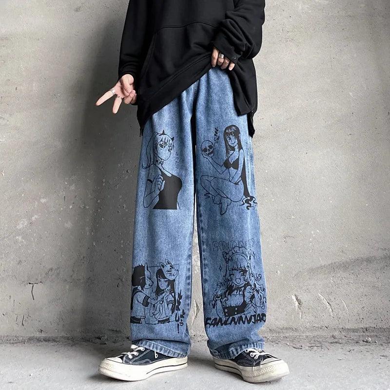 Oversized Anime Printed Denim Jeans     - VONVEX