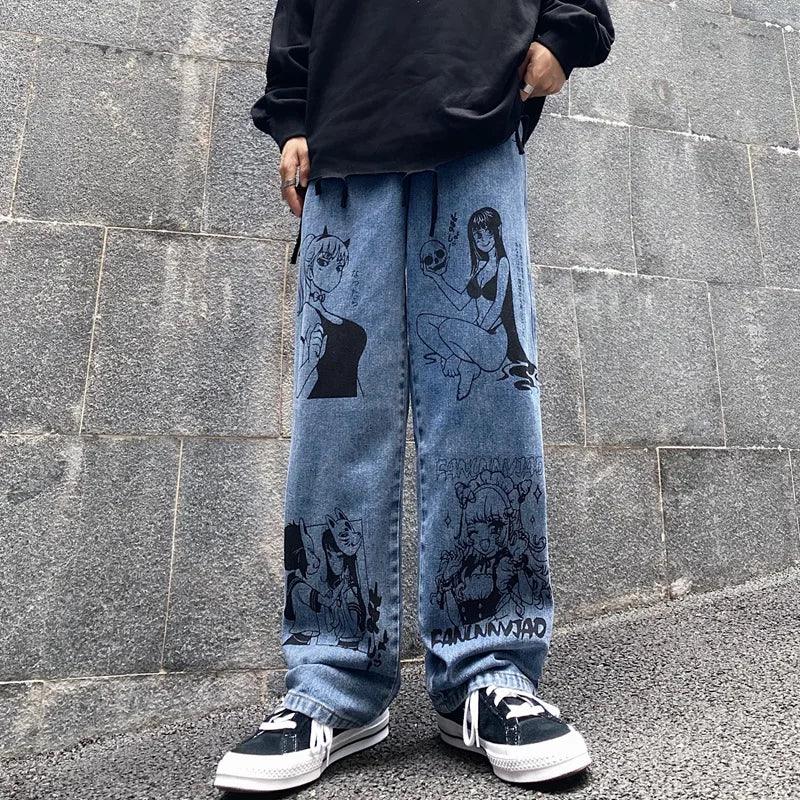 Oversized Anime Printed Denim Jeans     - VONVEX