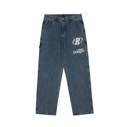 Retro Embroidery Letter Oversize Jean  Blue XL  - VONVEX