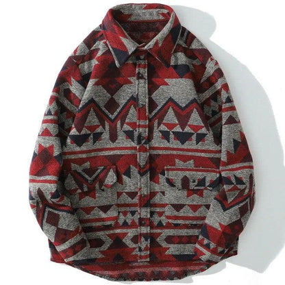 Retro Patchwork Geometric Pattern Shirt     - VONVEX