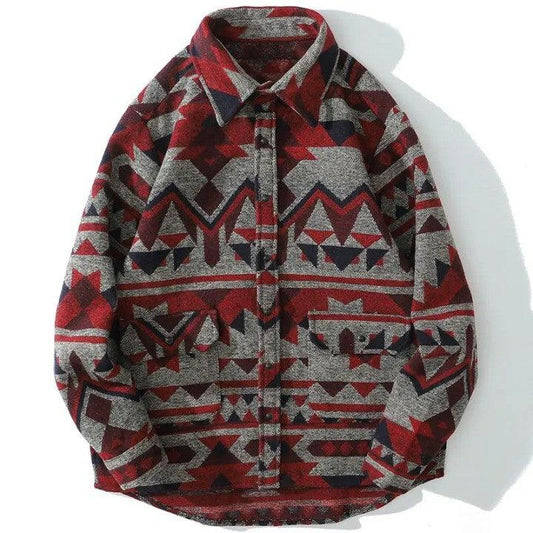 Retro Patchwork Geometric Pattern Shirt     - VONVEX