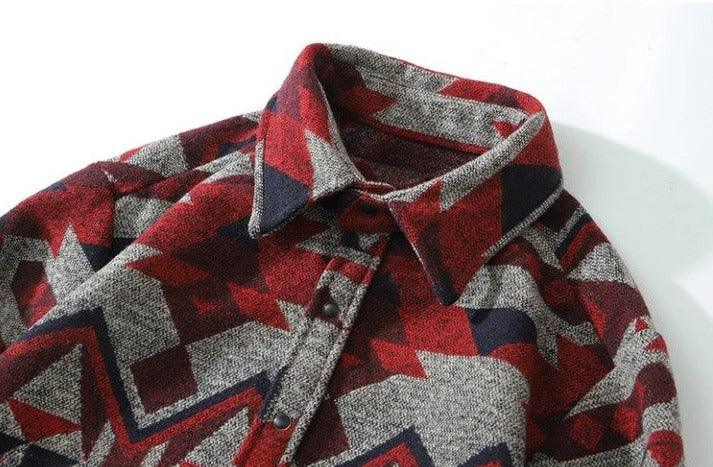 Retro Patchwork Geometric Pattern Shirt     - VONVEX