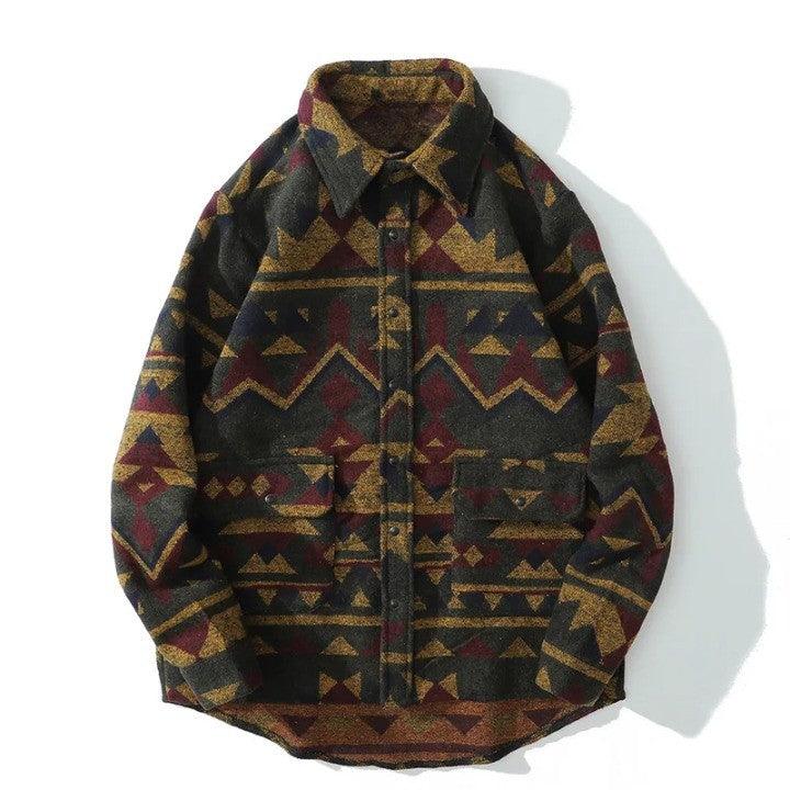 Retro Patchwork Geometric Pattern Shirt     - VONVEX