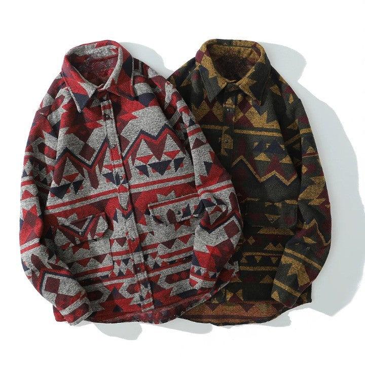 Retro Patchwork Geometric Pattern Shirt     - VONVEX