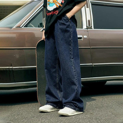 Retro Washed Straight Denim Leg Jeans     - VONVEX