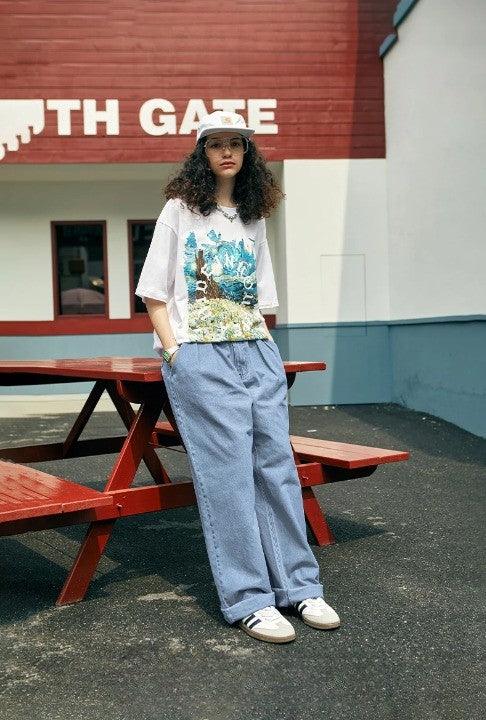 Retro Washed Straight Denim Leg Jeans     - VONVEX