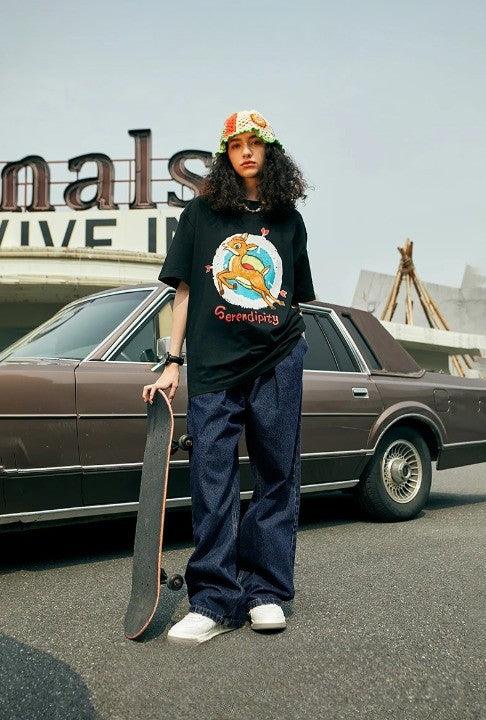 Retro Washed Straight Denim Leg Jeans     - VONVEX