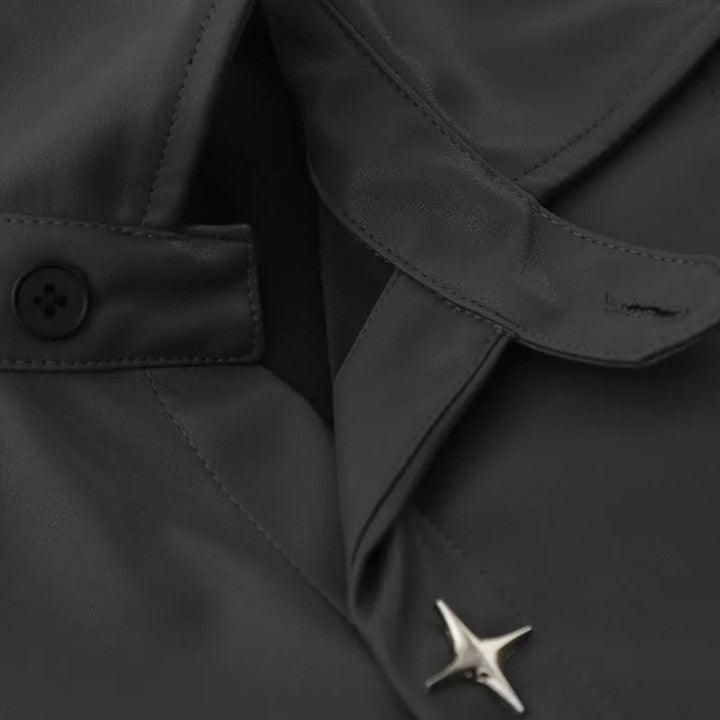 Solid Oversized Leather Shirt     - VONVEX