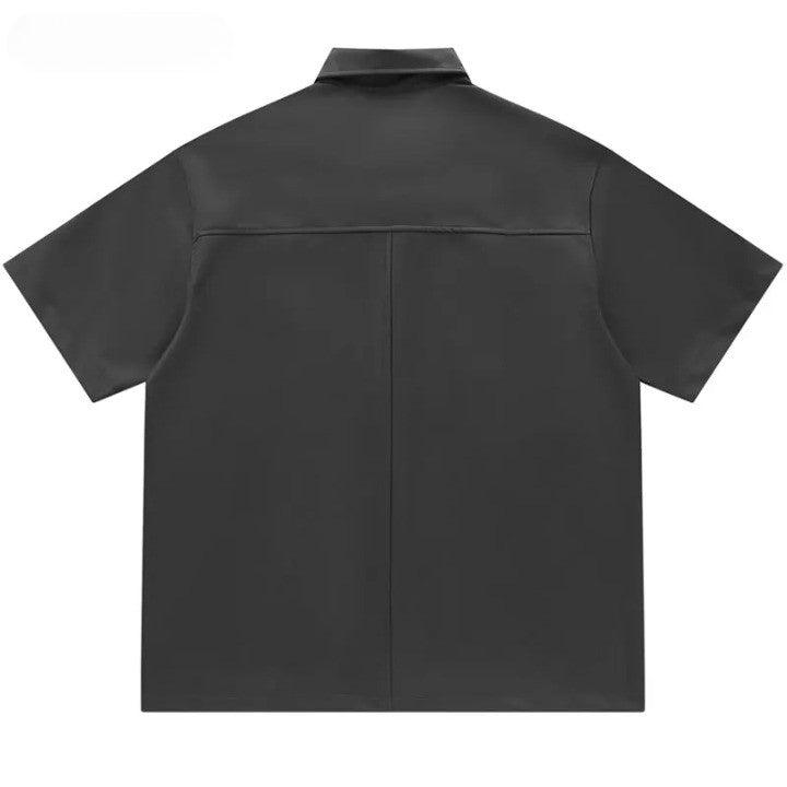 Solid Oversized Leather Shirt     - VONVEX