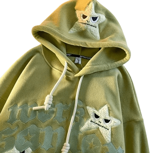 Star Embroidery Letter hoodie  Army green XL  - VONVEX