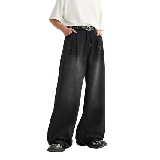 Washed Wide Leg Denim Jean  Black Gray S  - VONVEX