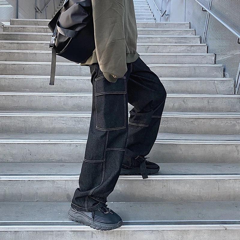 Wide Leg Cargo Denim Pants  Black S  - VONVEX