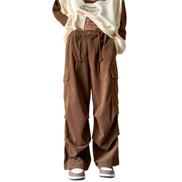 Y2K Corduroy Loose Wide Leg Cargo Pant     - VONVEX
