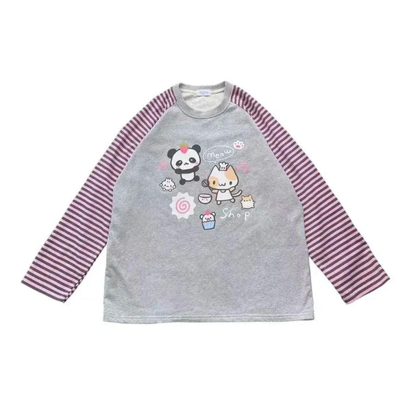 Y2k Harajuku Kawaii Striped Sweatshirt  Gray S  - VONVEX