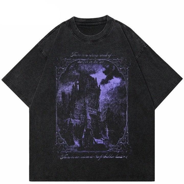 Y2K Purple Graphic Horror Castle T-Shirt     - VONVEX