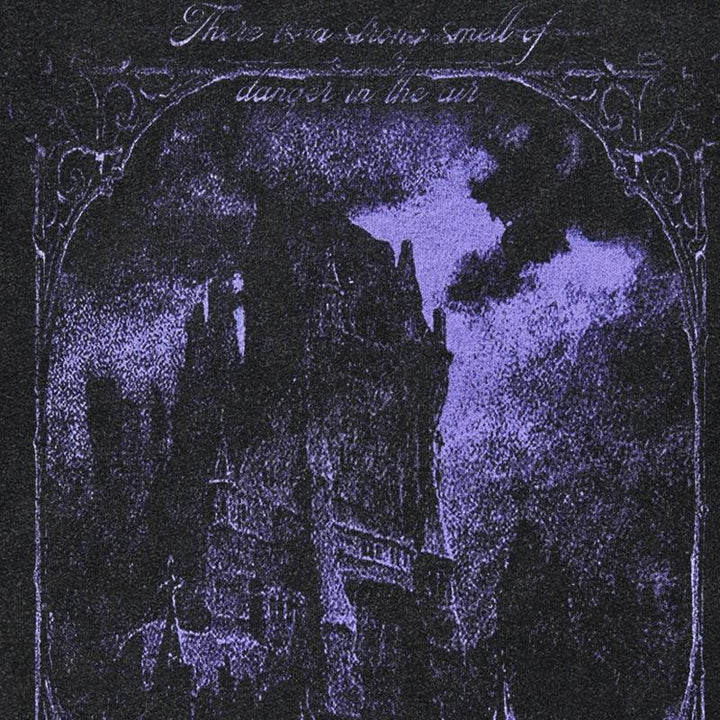 Y2K Purple Graphic Horror Castle T-Shirt     - VONVEX
