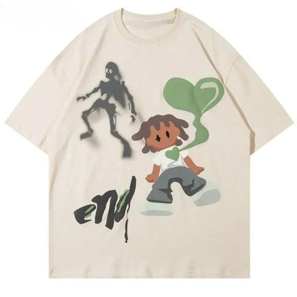 Y2K Skull Heart Oversize T-Shirt  Beige S  - VONVEX