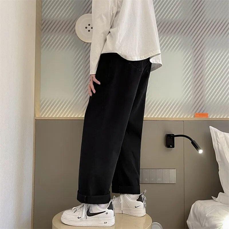 Casual Loose Wide Leg Solid Jeans     - VONVEX