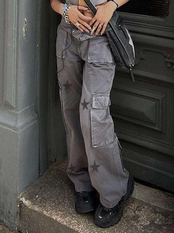 Y2K Gray Star Grunge Baggy Denim Pants     - VONVEX