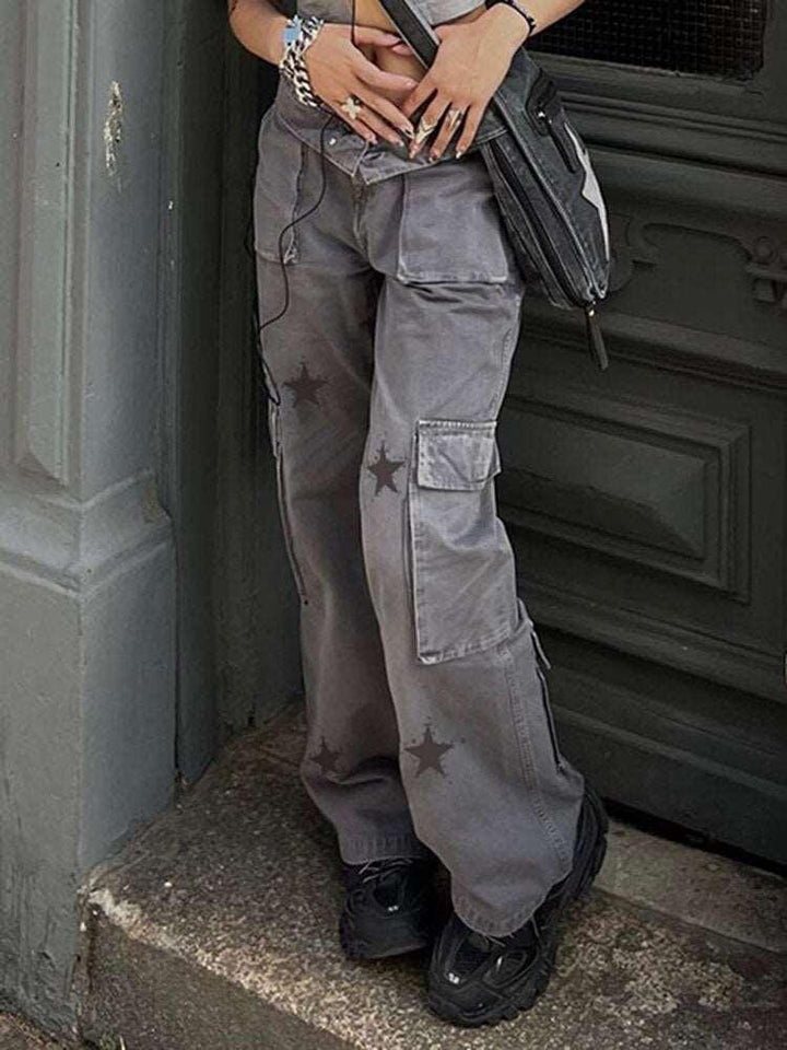 Y2K Gray Star Grunge Baggy Denim Pants     - VONVEX