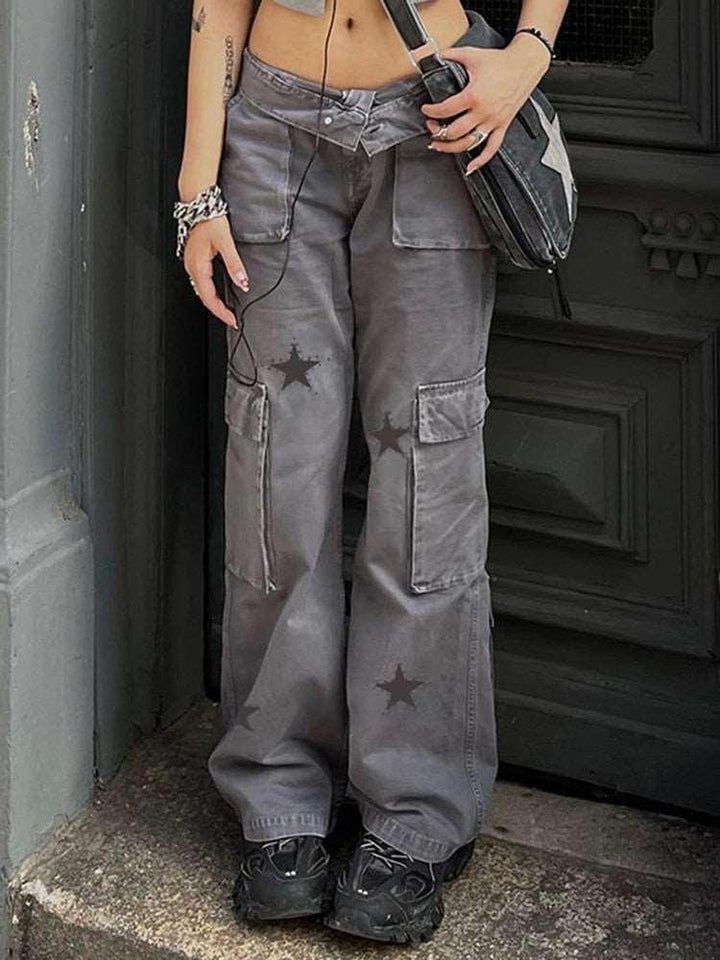 Y2K Gray Star Grunge Baggy Denim Pants  GREY S  - VONVEX